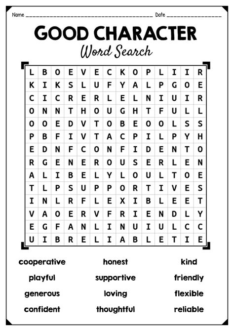 Character Words Word Search Worksheet for Kids