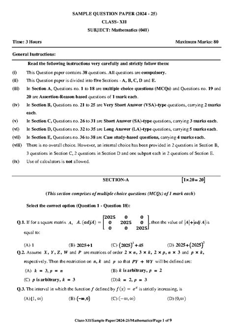 12MAT - Sample Question Paper for Class XII Mathematics (2024-25) - Studocu