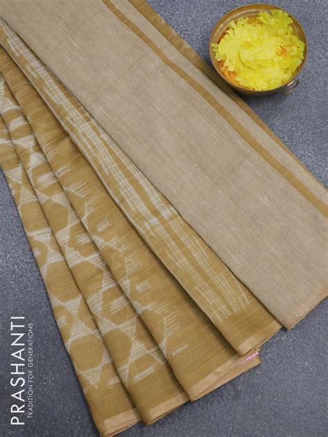 Maheshwari silk cotton saree khaki shade with allover geometric prints ...