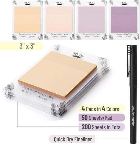Mr. Pen- Transparent Sticky Notes, 3x3, 200 Sheets, Pastel Colors, See Through Sticky Notes ...