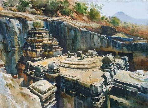 "Kailash Temple Ellora Caves": Brown Watercolor Painting by Abhijit ...