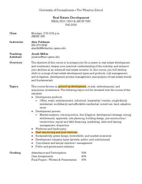 Real Estate Development Course Overview REAL 3210/ARCH 7680 Fall 2024 ...