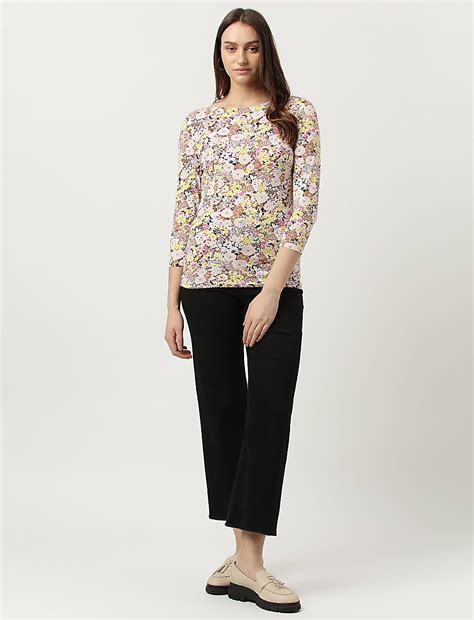 Buy Cotton Mix Floral Printed Boat Neck T-Shirt at Marks & Spencer
