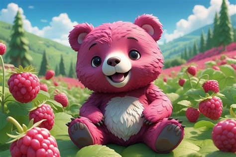 Cheerful chibi bear in raspberry field vibrant 3d illustration ...