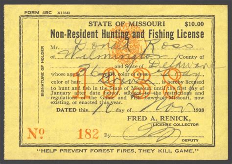 1938 Missouri State Non Resident Hunting and Fishing License - Back ...