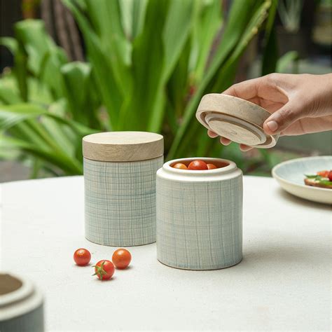 Buy Ellementry Saan Ceramic Jar with Wooden Lid Set of 2 Online