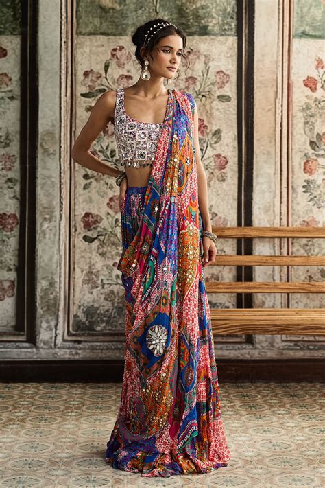 Multi-Color Print And Highlighted Square Neck Blouse With Tiered Skirt