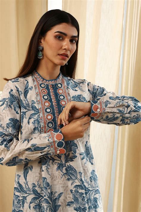 Buy Beige and Teal Pure Cotton Straight Kurta Set Online at Biba India