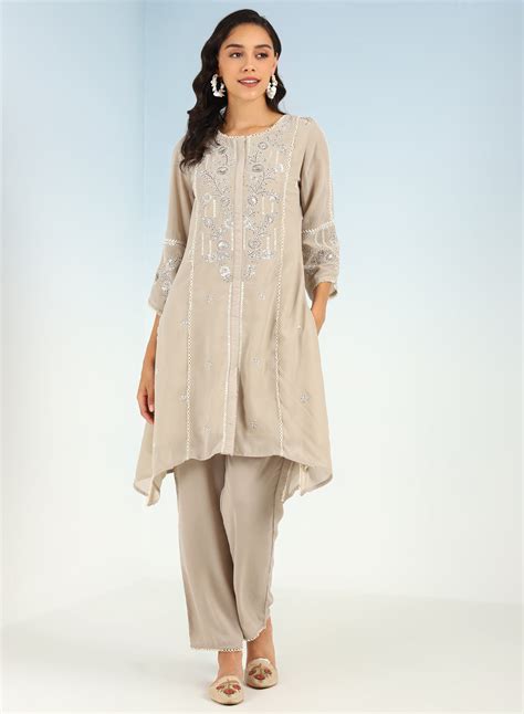 Sand Sequined Kurta Set with Flared Asymmetric Hem-23AWLK04062-18 ...