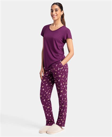 Buy Micro Modal Cotton Short Sleeve T-Shirt & Pyjama Sleep Set - Purple ...