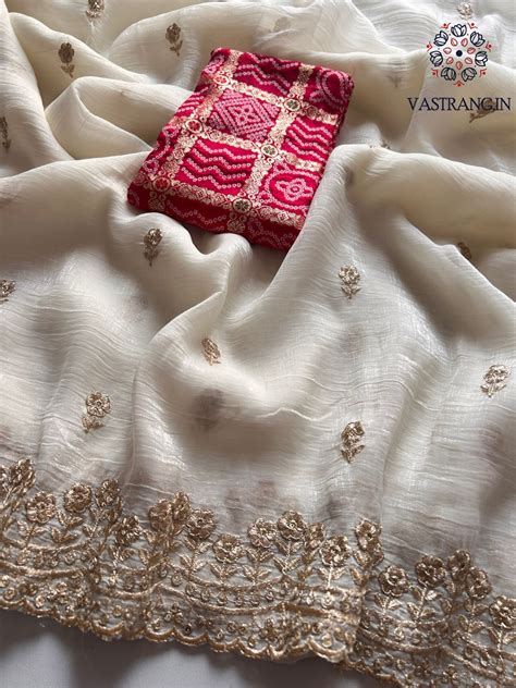 New Cream Color Partywear Crunchy Chiffon Silk Sequence Embroidery n C ...