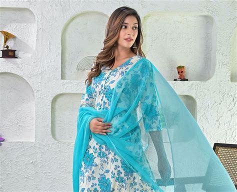 Off White Turquoise Printed Cotton Suit - Set of 3