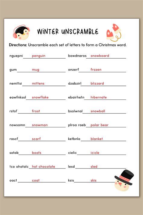 Free Printable Christmas & Winter Word Unscramble Worksheets