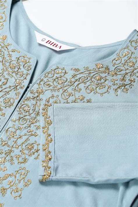 Powder Blue Rayon Kurta Pants Set at Biba India