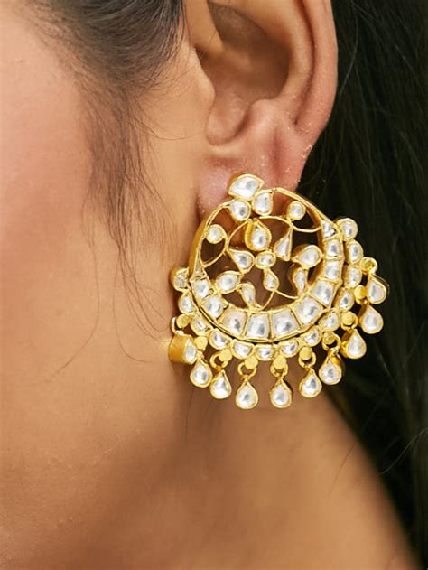 22K Gold-Plated Kundan Stone Studded & Pearl Beaded Moon Chandbalis – Nuyug