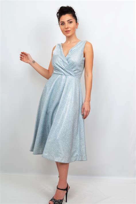 Bebe Mavi Simli Midi Abiye Elbise | ALİS DRESS