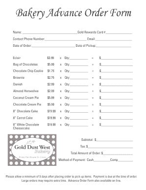 Bakery Order Form Template Excel | pdfFiller