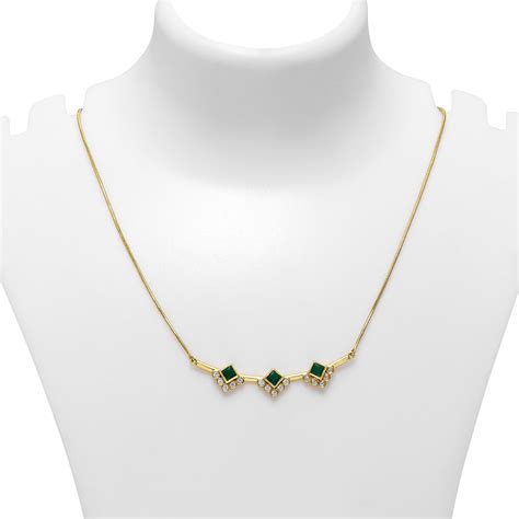 Gold Plated Square Green Trio Silver Necklace