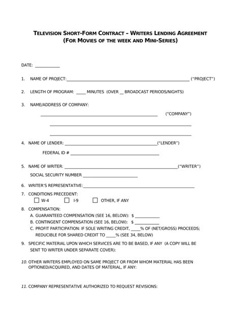 Television Short-Form Contract – Writers Lending Agreement - Blank ...