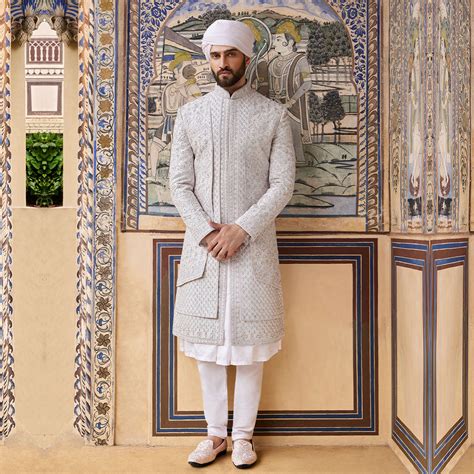 Buy Threadwork White Overlapping Dulha Sherwani Online | Suvidha Fashion