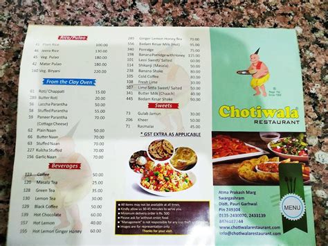 Menu at Chotiwala, Rishikesh, Swarg Ashram