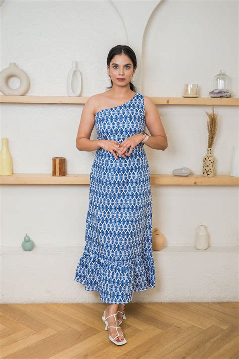A Vision In Blue Dress by Maden Couture | One-Shoulder Printed Summer ...