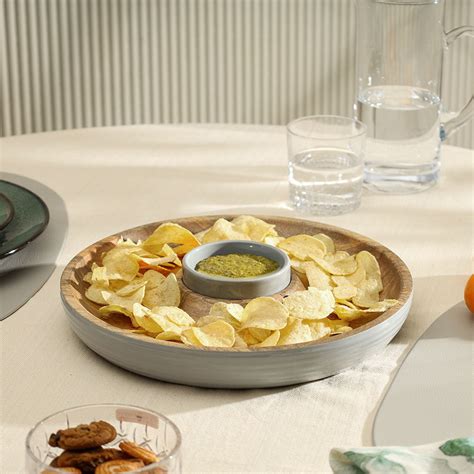 ESQ Living Riko Mango Wood Ribbed Chip and Dip Platter - Periwinkle