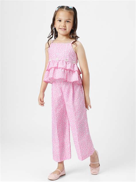Nautinati Girls' All-over Floral Printed Strapped Top and Trousers Clo
