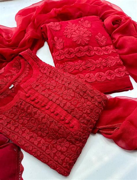 Georgette Chikankari Kurti Palazzo Dupatta Set (Ready to Wear ...