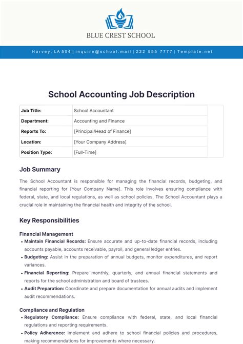 Free School Accounting Job Description Template to Edit Online