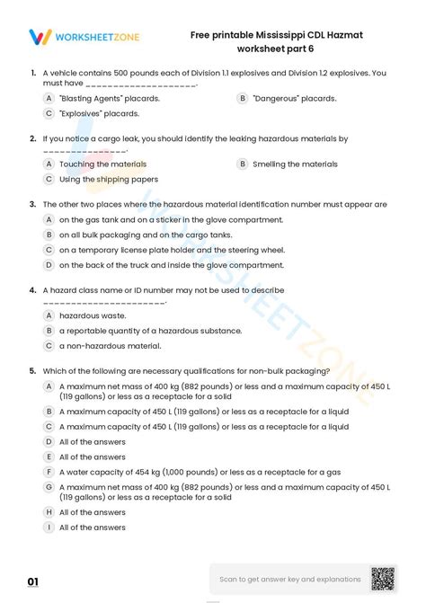 Free printable Mississippi CDL Hazmat worksheet part 8 | Worksheet Zone