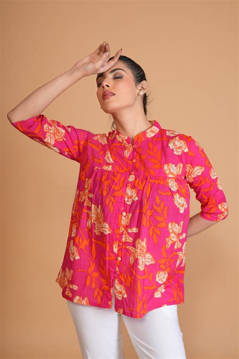 Hot Pink Floral Cotton A-Line Top – situ