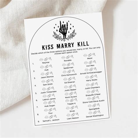 Kiss Marry Kill Printable | Unique Bachelorette Party Game