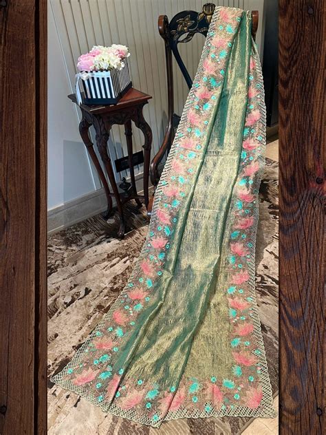 Green Floral Embroidered Tissue Saree – Chhabra 555