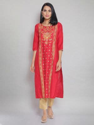 Buy Aurelia Red Round Neck Printed Straight Kurta Online