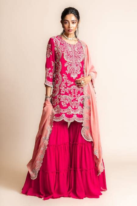 Buy Fuchsia Crepe Hand Embroidery Mirror Work Round Mandala Kurta Set ...
