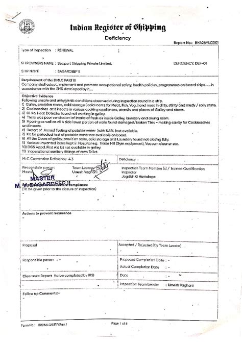 MLC Renewal Inspection Report for MV Sagardeep II - Deficiency No ...