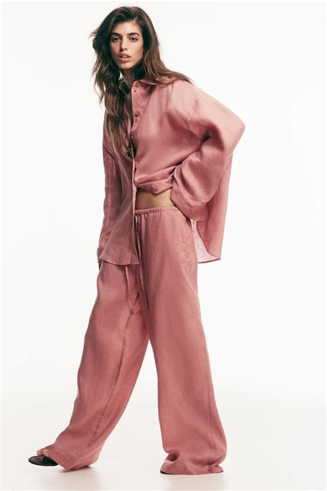Women's Dusty pink Linen drawstring trousers | H&M IN