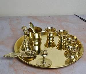 NEETU ARTS Brass Pooja Thali Set | 10-Inch Floral Design Plate with 2 ...