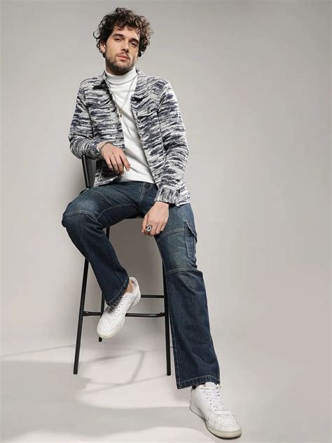 Campus Sutra Men's Navy Blue & Chalk White Contrast Denim Heathered ...