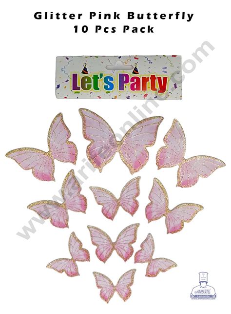 CAKE DECOR™ 10 pcs Let's Party Glitter Pink Butterfly Paper Topper For ...