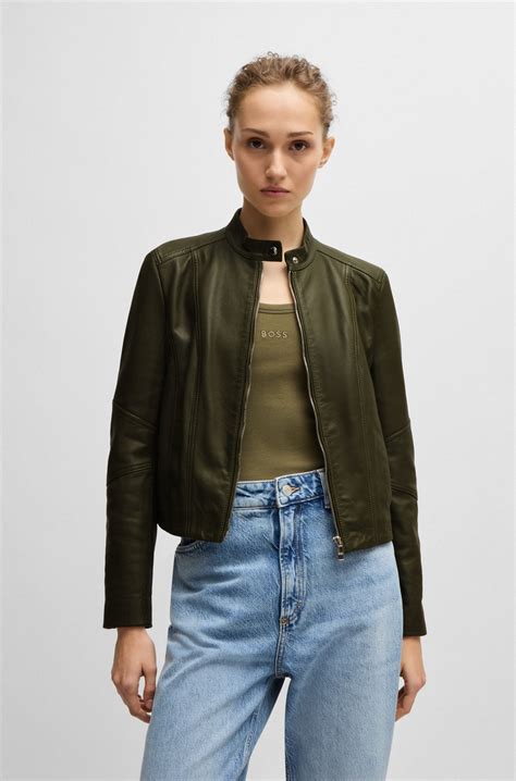 BOSS - Regular-fit jacket in grained leather - Dark Green