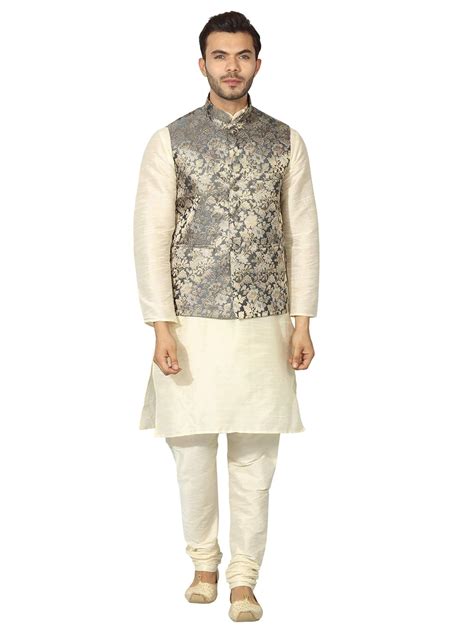 Uri and MacKenzie Men's Silk Blend Solid Kurta Set And Nerhu Jackets ...