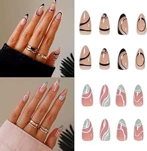 GODFLY Short False Nails with Glue Sticker, Almond Soft Gel Press on ...