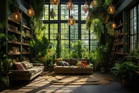 Interior of a cozy living room in a loft style with green plants ...