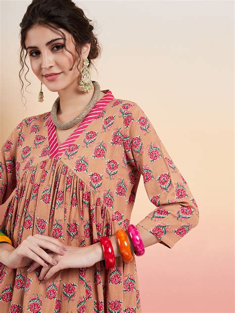 Beige Pink Floral Pink White Leh V Neck Kurta Set - InWeave
