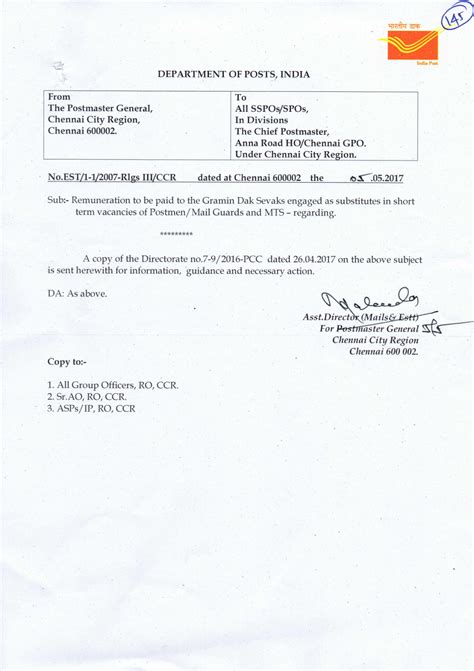Remuneration to be paid to the GDS engaged as substitutes in short term ...