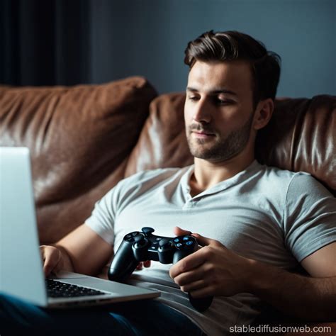 Man Relaxing on Couch, Gaming with Laptop | Stable Diffusion Online