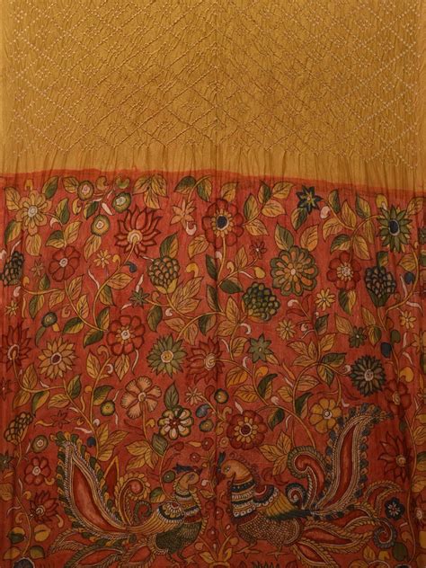 Mustard Bandhani Silk Handloom Saree with Kalamkari Hand Painted Pallu ...