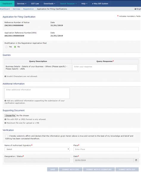 Application for filing clarification during GST registration process